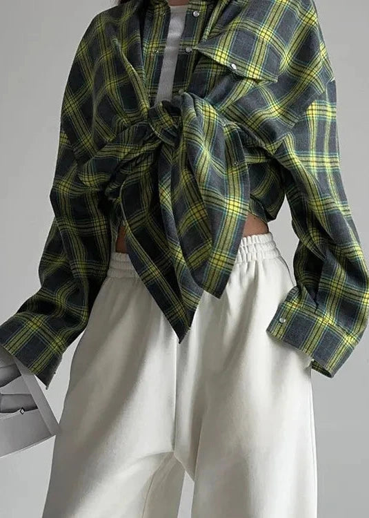 Loose Plaid Cotton Shirt With Lapels And Pocket