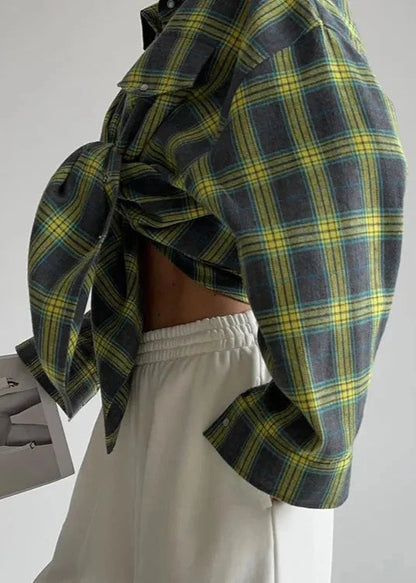 Loose Plaid Cotton Shirt With Lapels And Pocket