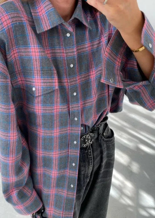 Loose Plaid Cotton Shirt With Lapels And Pocket