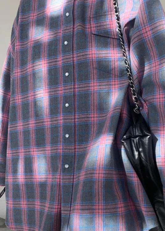 Loose Plaid Cotton Shirt With Lapels And Pocket