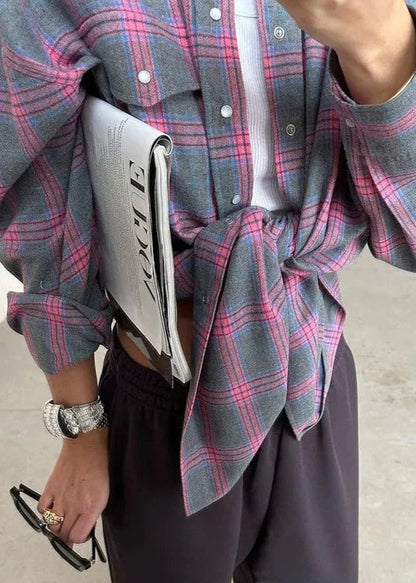 Loose Plaid Cotton Shirt With Lapels And Pocket