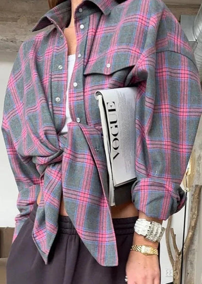 Loose Plaid Cotton Shirt With Lapels And Pocket