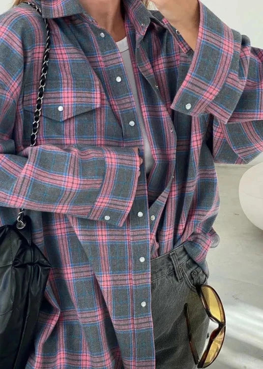 Loose Plaid Cotton Shirt With Lapels And Pocket