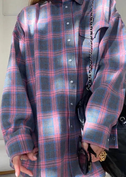 Loose Plaid Cotton Shirt With Lapels And Pocket