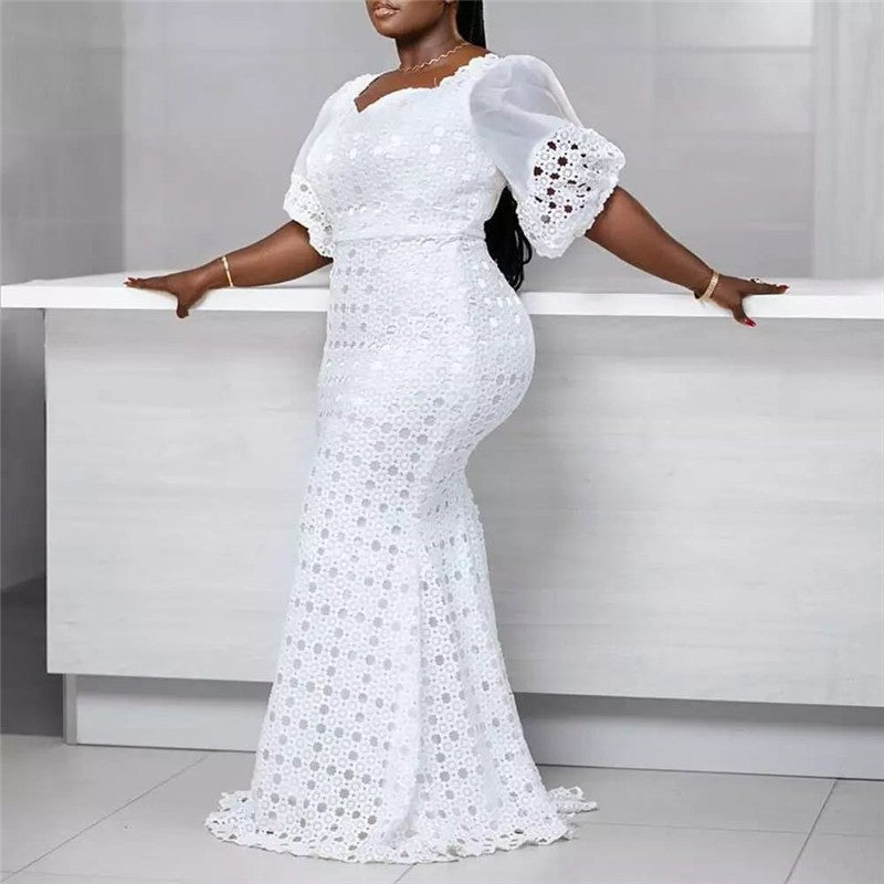 Solid Color Bubble Sleeve Hollow Out Bodycon Jumpsuit Dress