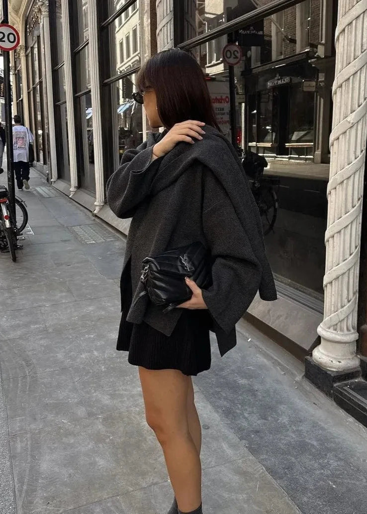 Knit Cardigan Coat With Asymmetric Scarf Design