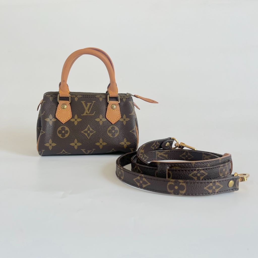 Louis Vuitton Brown Monogram Canvas Mini Speedy Shoulder Bag w Strap