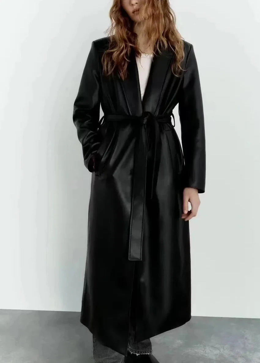 Long Leather Wind Coat With Belted Waist