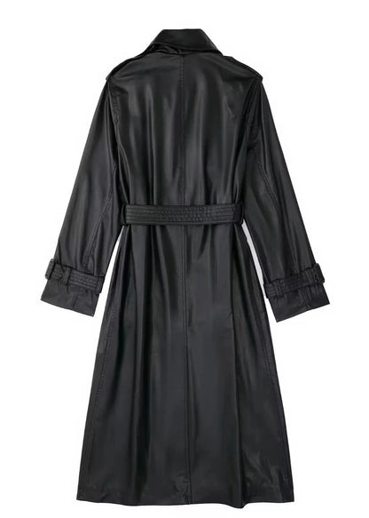 Long Leather Wind Coat With Belted Waist