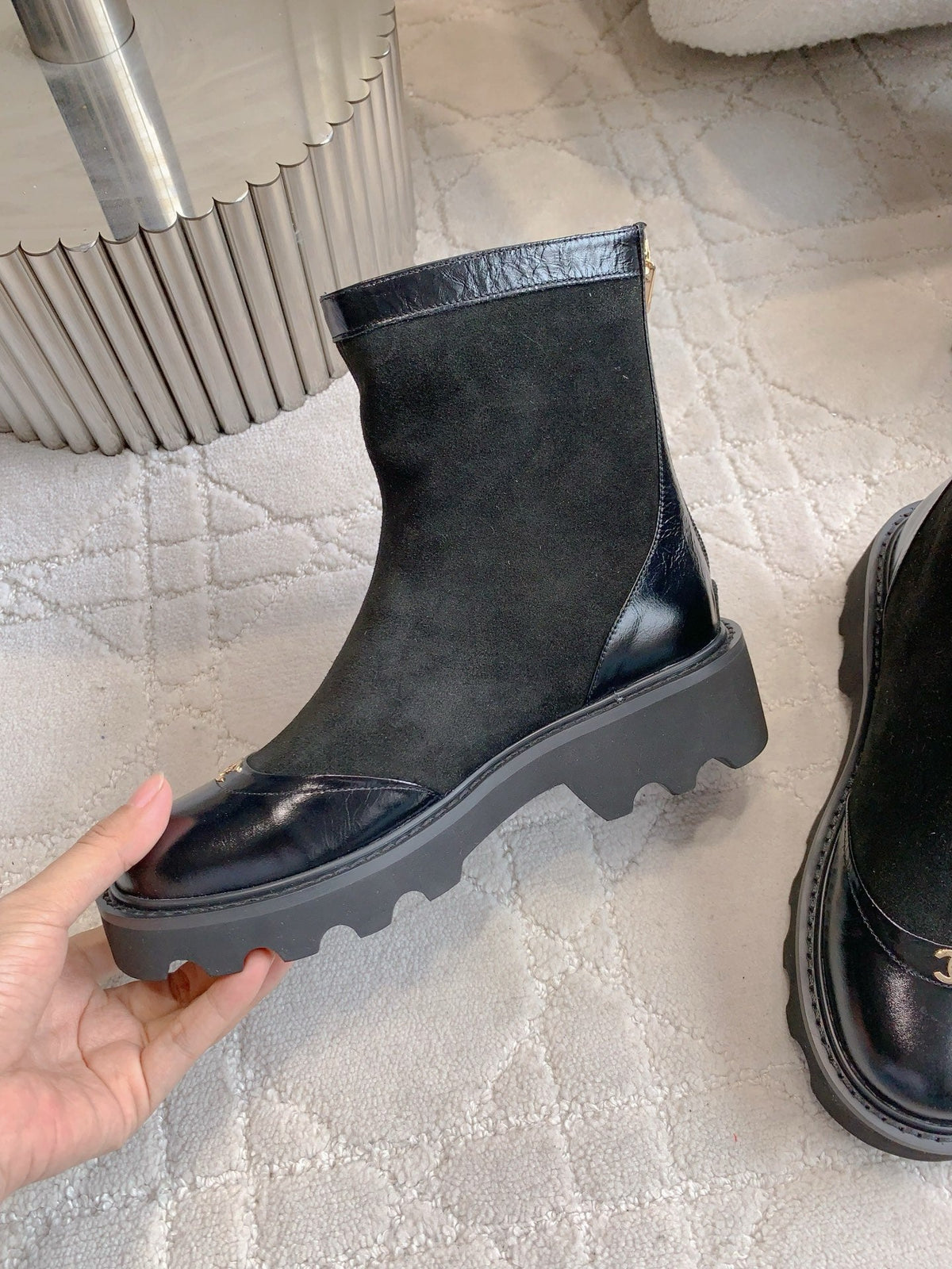 CC New Platform Ankle Boots Black Suede Glossy Sheepskin