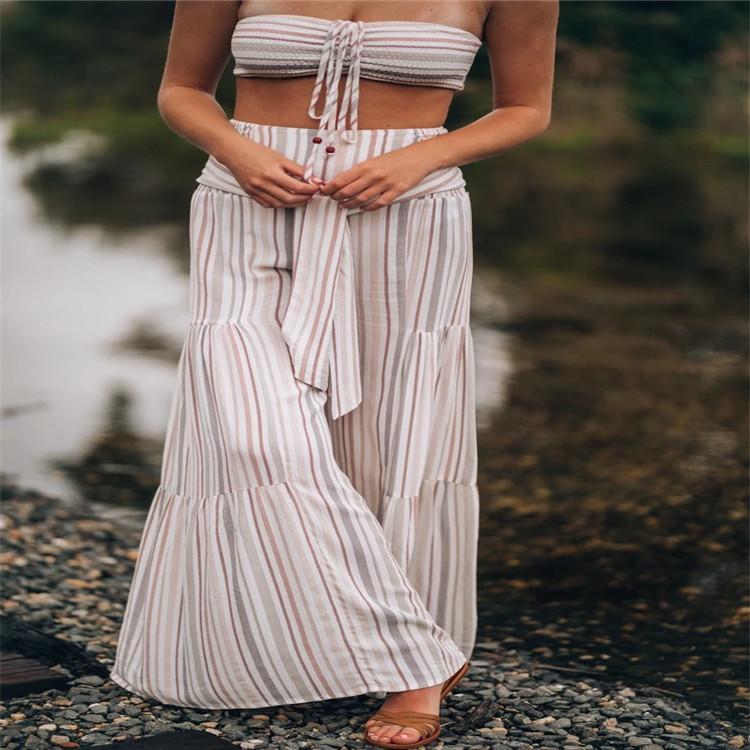 New Lace-Up Striped Print Stitching Wide-Leg Flared Trousers