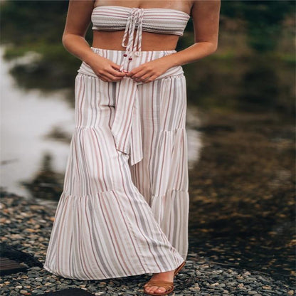 New Lace-Up Striped Print Stitching Wide-Leg Flared Trousers