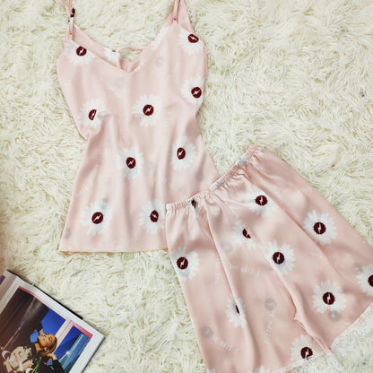 Summer Ice Silk Suit Sling Shorts Small Daisy Pajamas Lovely Fresh Sweet Two Sets Of Home Clothes Pajamas
