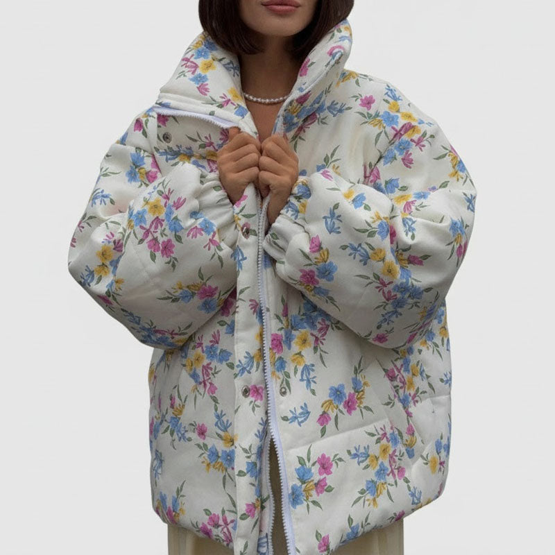Floral Print Stand Collar Zipper Cotton Padded Jacket