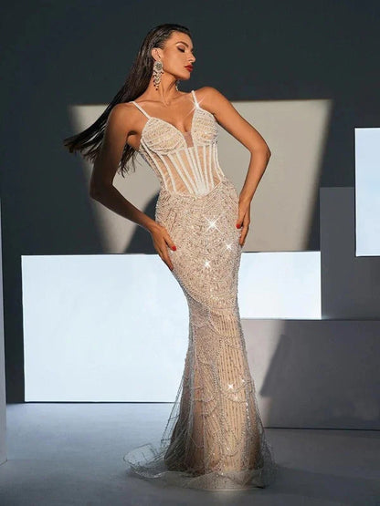 Dion Spaghetti Pearl Embellished Sequin Dress