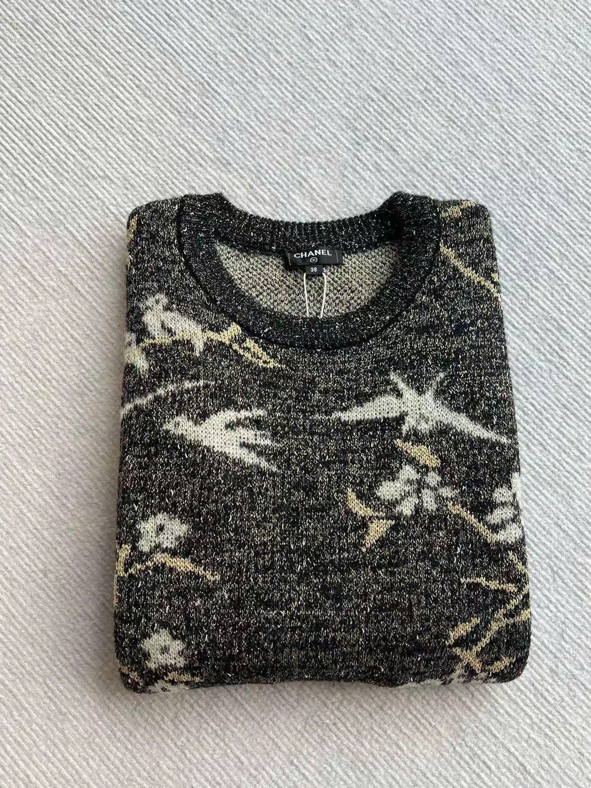 CC Sweater in Navy Blue Gold Wool and Metal Film