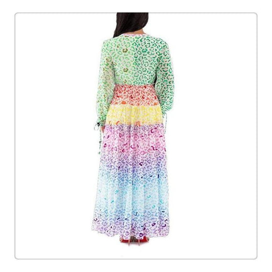 Stylish V-Neck Long-Sleeved Print Beach Dress