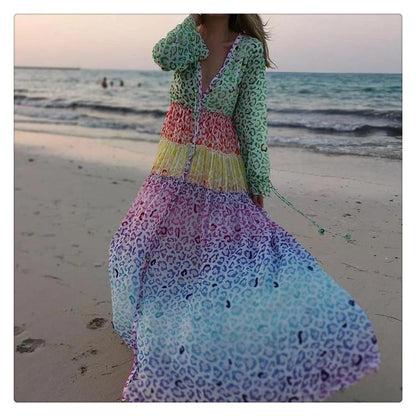 Stylish V-Neck Long-Sleeved Print Beach Dress