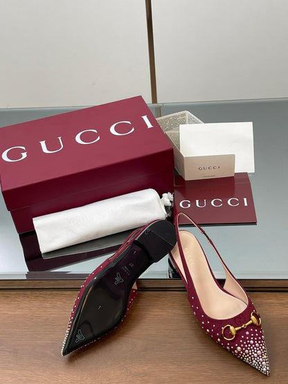 GG Horsebit Slingback Flat Red Ebony Monogram Canvas Point Toe Crystal-Embellished