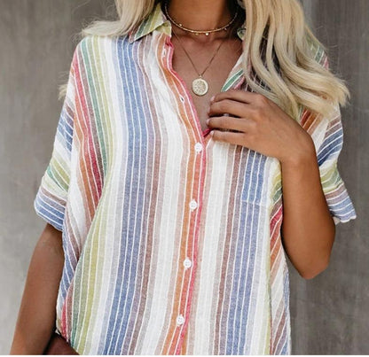 Fashion Casual Color Striped Shirt Button Short Sleeve Shirt