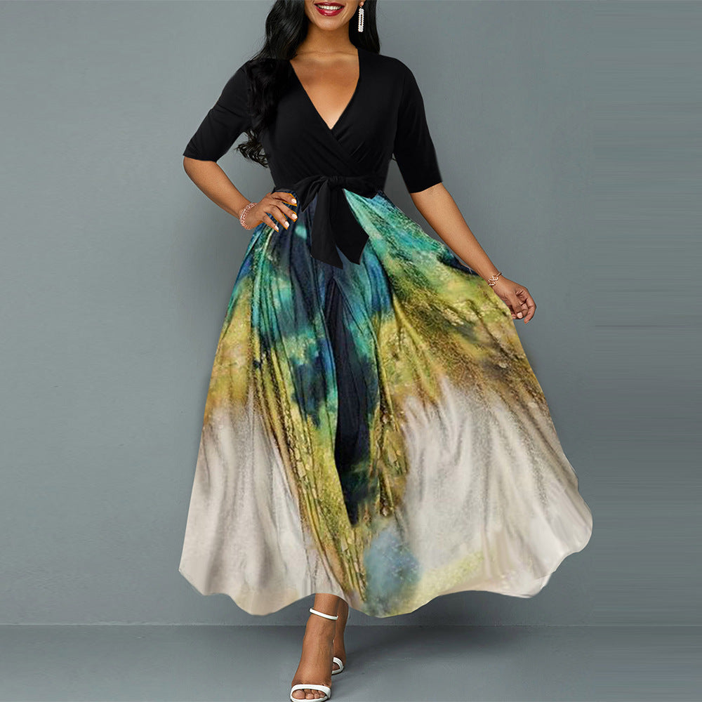 Women'S Chiffon Contrast Peacock Print Dress
