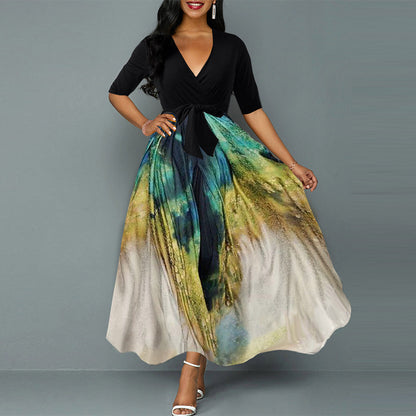 Women'S Chiffon Contrast Peacock Print Dress