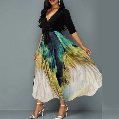 Women'S Chiffon Contrast Peacock Print Dress
