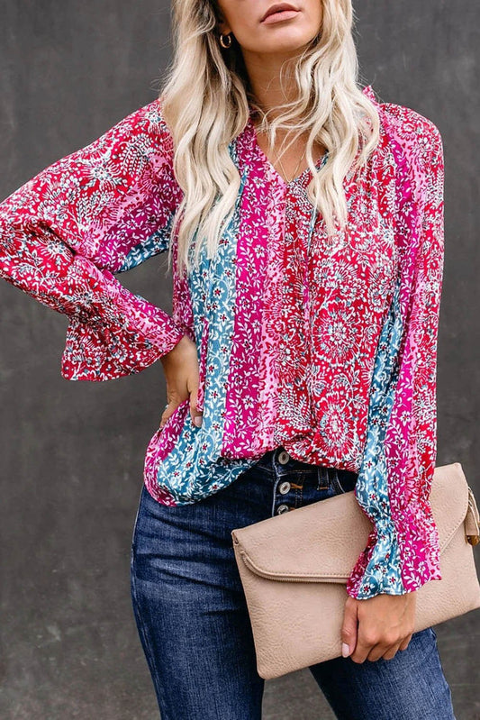 Summer Casual Loose Printing Long-Sleeved V-Neck Shirt