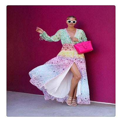 Stylish V-Neck Long-Sleeved Print Beach Dress