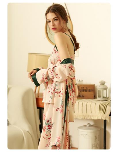Three-Piece Set Spring And Autumn Ice Silk Pajama Set Women'S Printed Cute Strawberry Long Sleeve Cardigan Silk Strap Home Service Thin