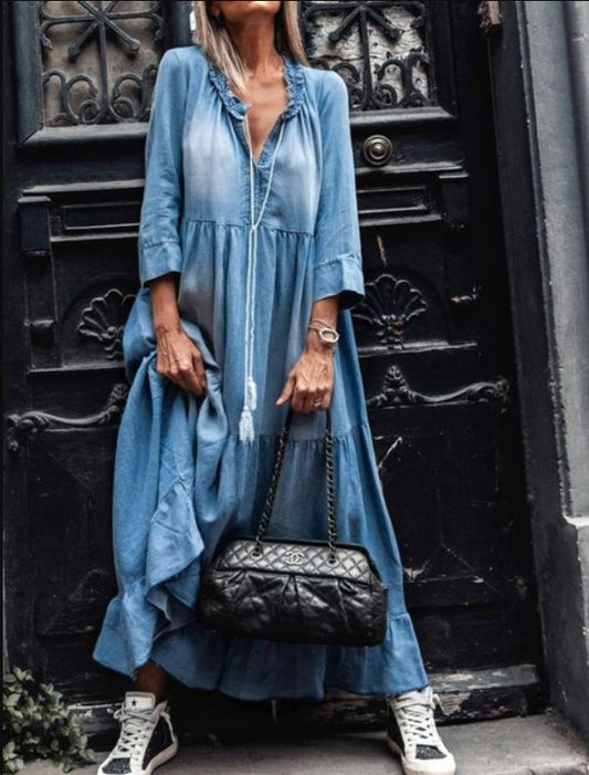 2710# Seven-Quarter Sleeve Long Washing Cowboy Dress