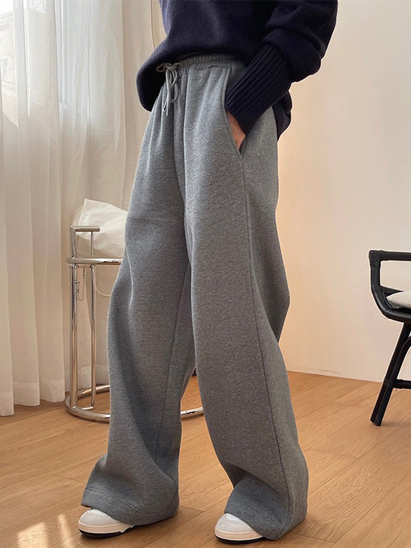 Simple Wide Leg Loose Velvet Drawstring Solid Color Casual Pants Bottoms
