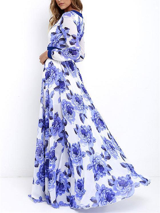 Floral Printed Deep V-Neck Long Sleeves Maxi Dress