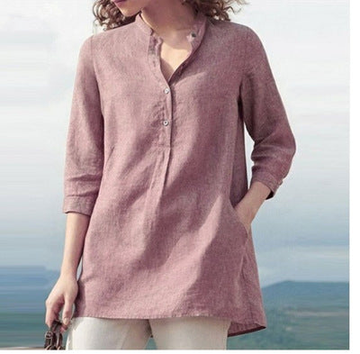 Women'S Wear Solid Color Seven Point Sleeve Stand Collar Cotton Hemp Casual Pullover Shirt