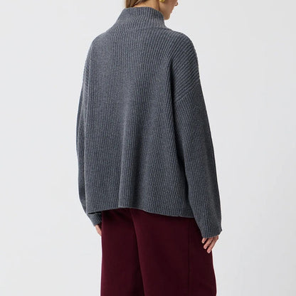 Simple Ribbed Knit Mock Neck Zip Up Cardigan