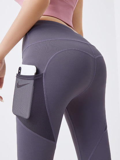 Peach Hip Fitness Pants Thin Quick-Dry Elastic Sports Tights Mesh Screen Side Pocket Running Bottom Yoga Pants.