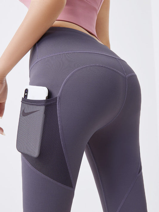 Peach Hip Fitness Pants Thin Quick-Dry Elastic Sports Tights Mesh Screen Side Pocket Running Bottom Yoga Pants.