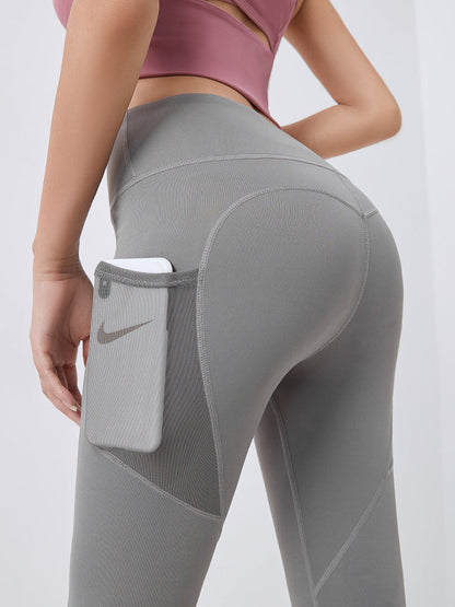 Peach Hip Fitness Pants Thin Quick-Dry Elastic Sports Tights Mesh Screen Side Pocket Running Bottom Yoga Pants.