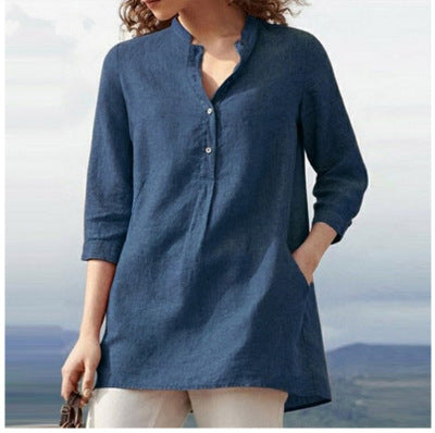 Women'S Wear Solid Color Seven Point Sleeve Stand Collar Cotton Hemp Casual Pullover Shirt