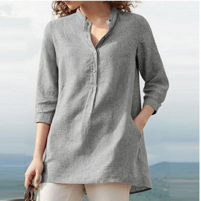 Women'S Wear Solid Color Seven Point Sleeve Stand Collar Cotton Hemp Casual Pullover Shirt
