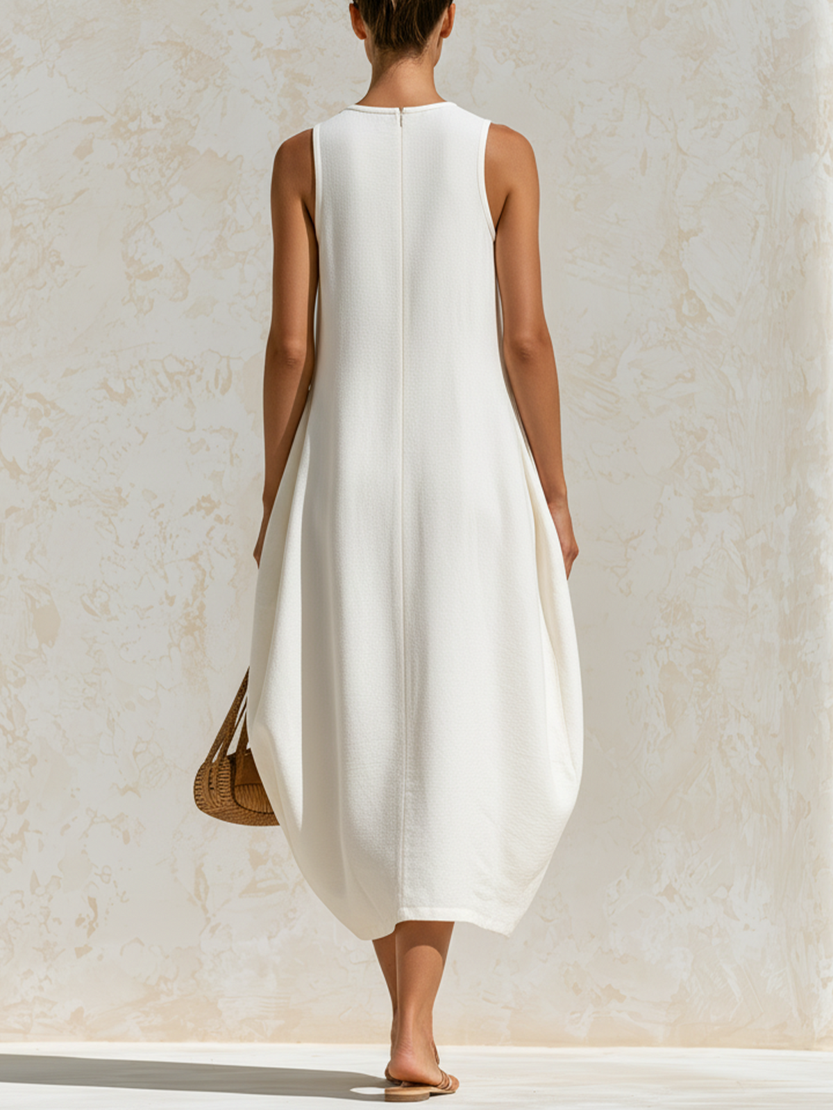 Off White Sleeveless Gathered Bubble Midi Dress