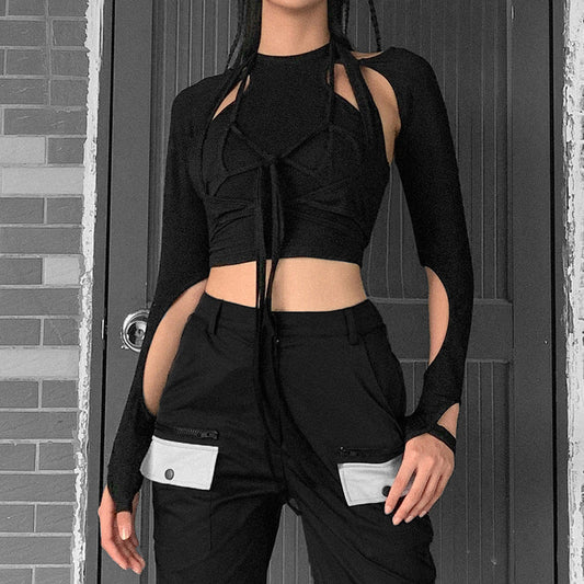 Long-Sleeved Personalized Hollow Tie Fake Two-Piece Slim T-Shirt