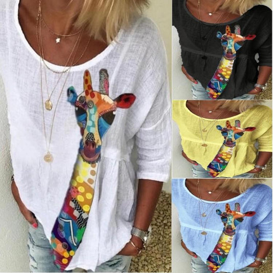 Summer Women Cotton Fawn Print Casual Loose Five-Point Sleeve T-Shirt