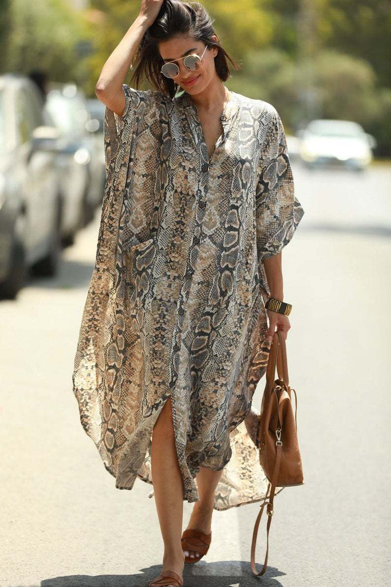 Four-Sided Elastic-Printed Beach Blouse Loose Pocket Single-Breasted Vacation Dress