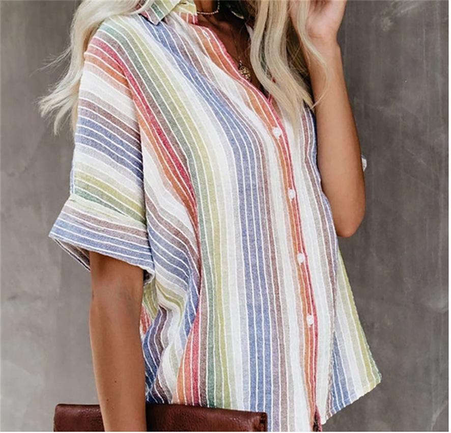Fashion Casual Color Striped Shirt Button Short Sleeve Shirt