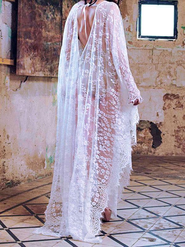 Deep V-Neck Backless Lace-Up See-Through Cover-Ups
