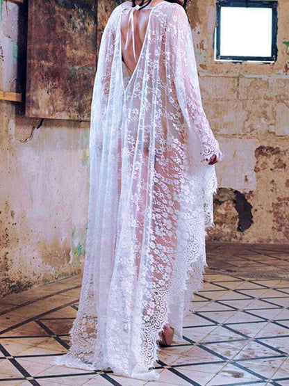Deep V-Neck Backless Lace-Up See-Through Cover-Ups