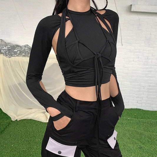 Long-Sleeved Personalized Hollow Tie Fake Two-Piece Slim T-Shirt