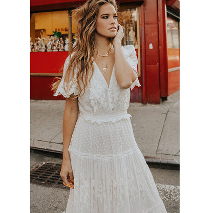 V-Neck Short Sleeve Lace Dress