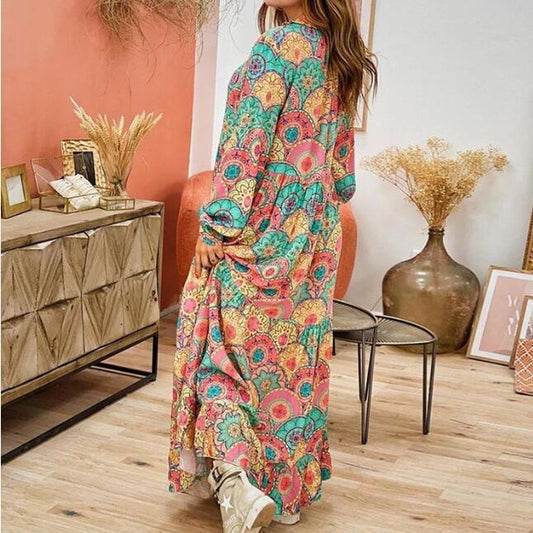 Sexy V-Neck Long-Sleeved Print Swing Dress